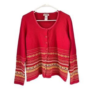 T4 VTG Tiara International Cardigan Sweater Fair‎ Isle Knit Red Cotton Blend